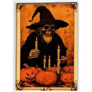 Vintage Halloween Postcard Skeleton Witch with Jack-O-Lanterns 5.5x4"